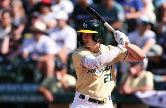 Oakland Athletics prospect Tyler Soderstrom prepares for a pitch at the 2023 MLB Futures Game